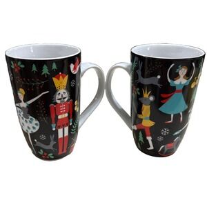 Lot 2 Tall Nutcracker Theme Black Long Handled Mugs Clara Prince Rat King Fairy